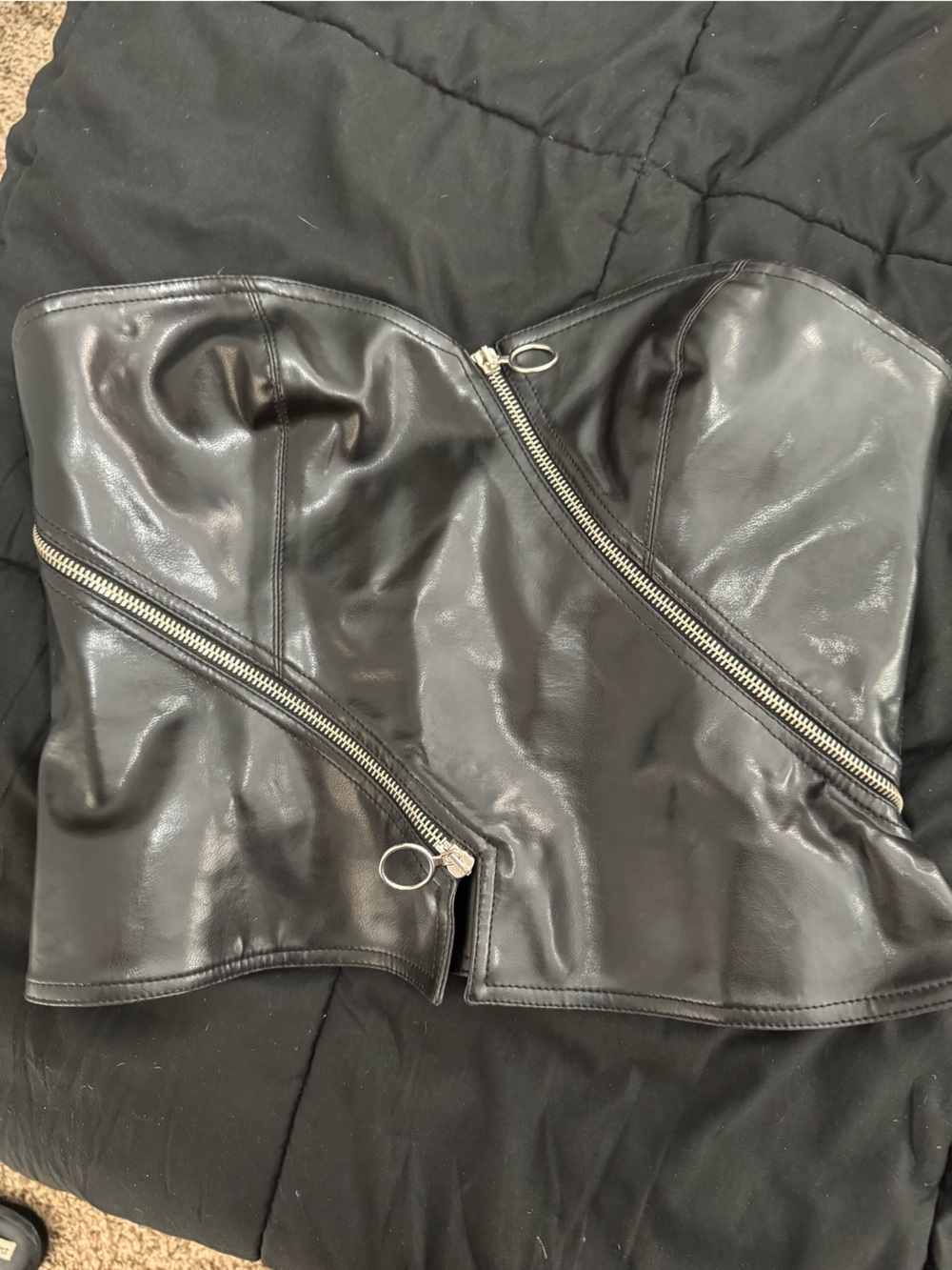 VINTAGE Moschino Black Leather Corset Top with Silver Zippers